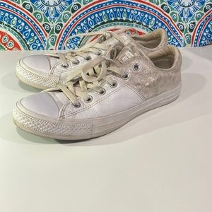 Converse All Stars. White with leather and animal print woman’s size 9